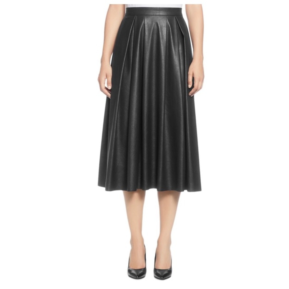 Tahari Womens Faux Leather Pleated Midi Skirt